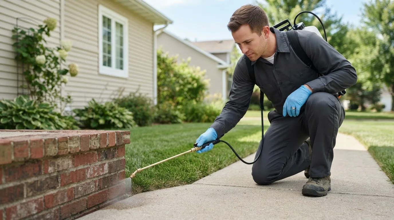 Pest control technician treating a home near Stroh, IN