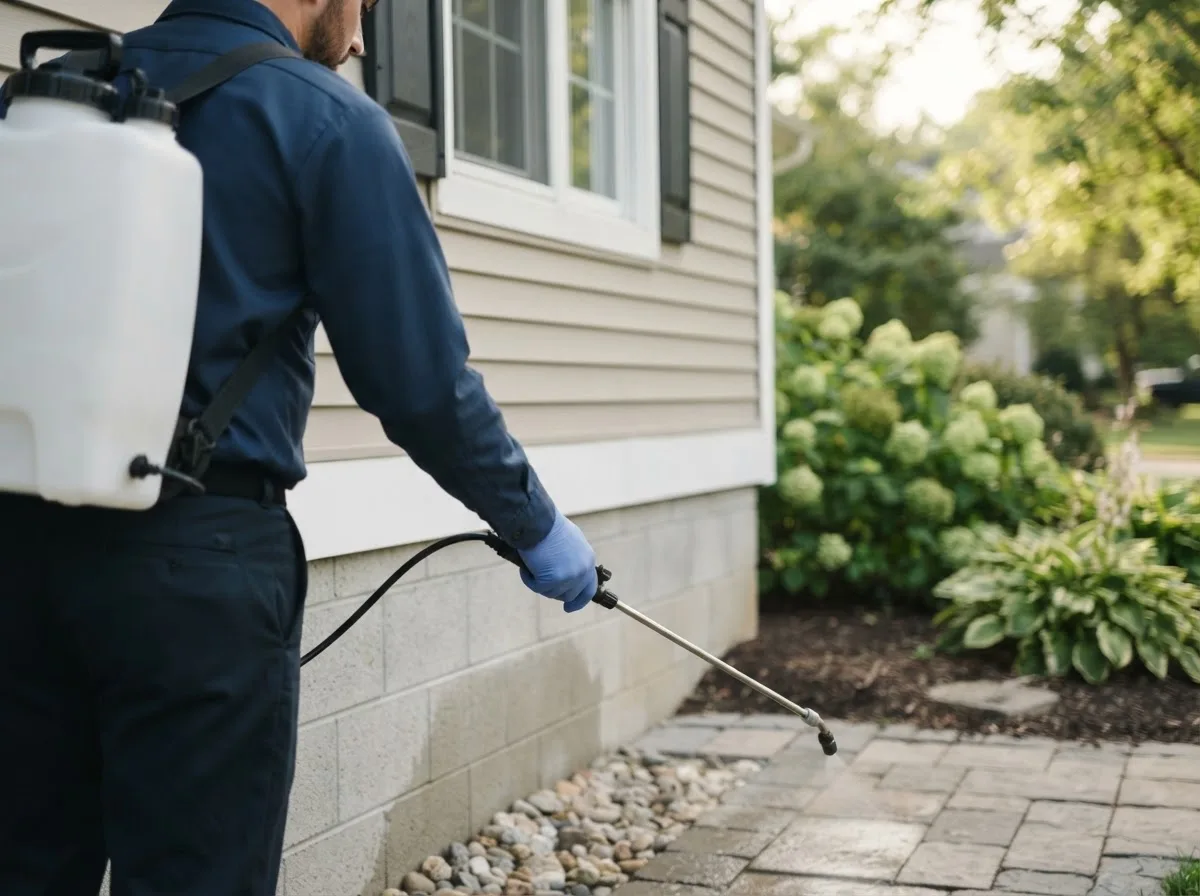 Pest control technician inspecting a home in Stroh, IN